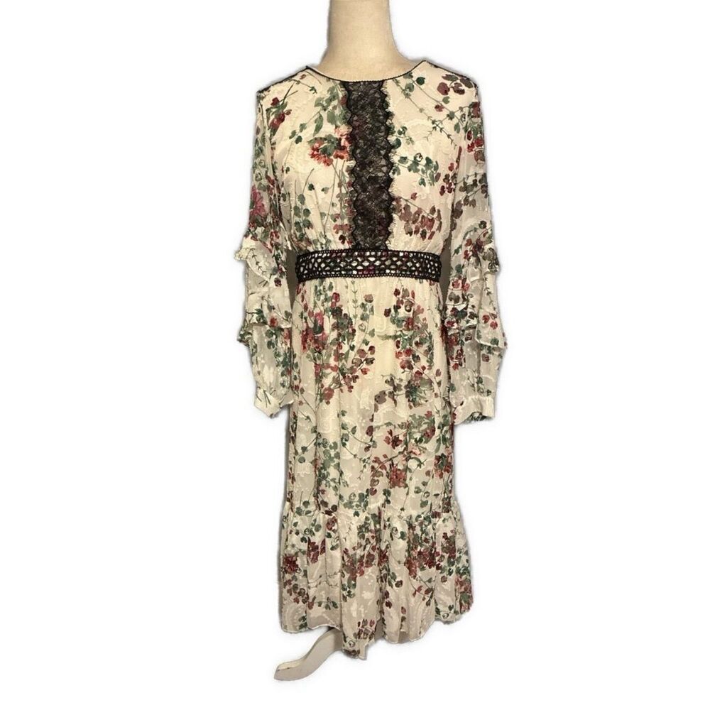 Taylor Long Sleeve Red Green White Floral Lace Midi Dress 12 Large